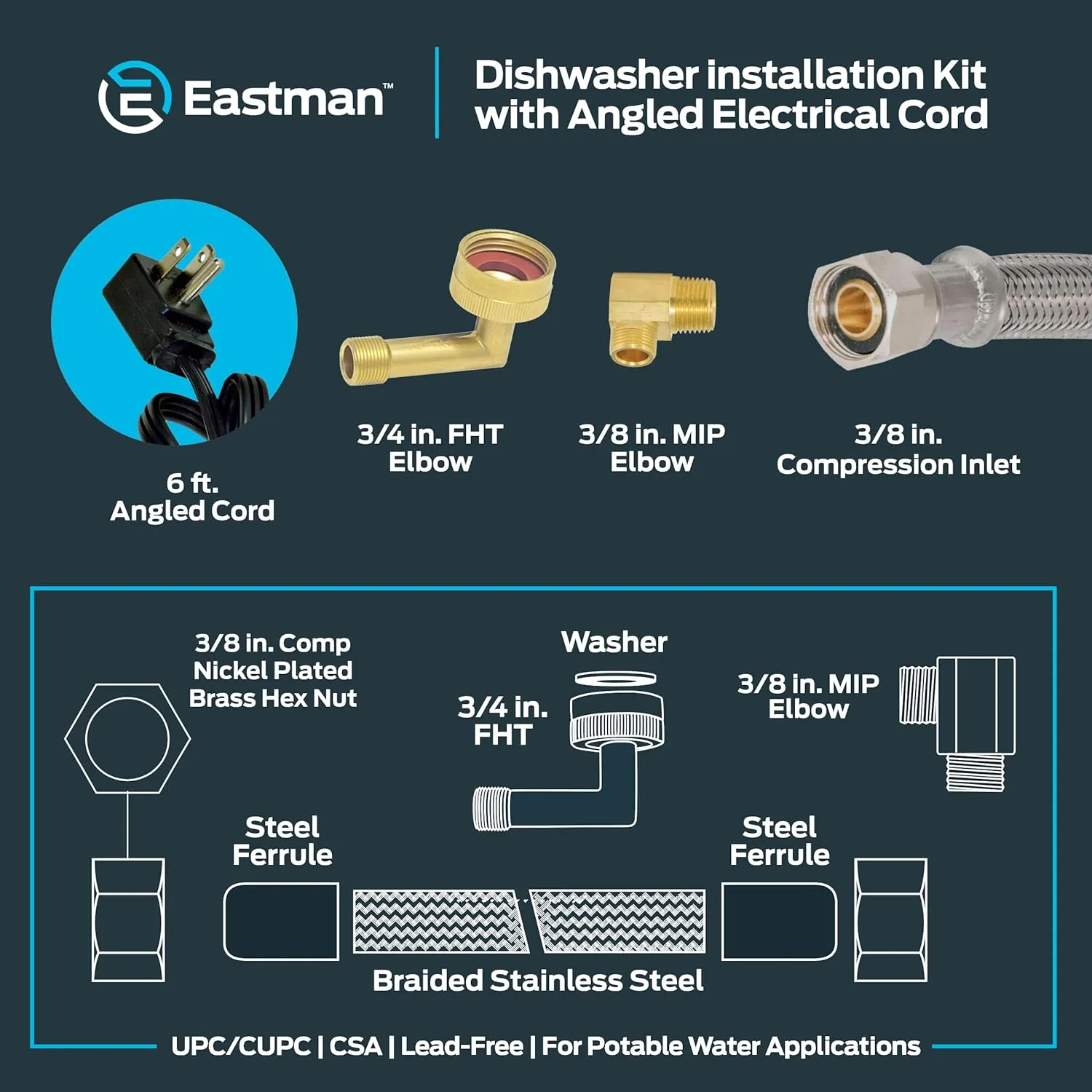 Eastman Dishwasher Installation Kit, 6 Foot Supply Line, 3/8 Inch x 3/8 Inch Compression, 6 Foot 3-Prong Straight Power Cord, Braided Stainless Steel Dishwasher Connectors, 41150