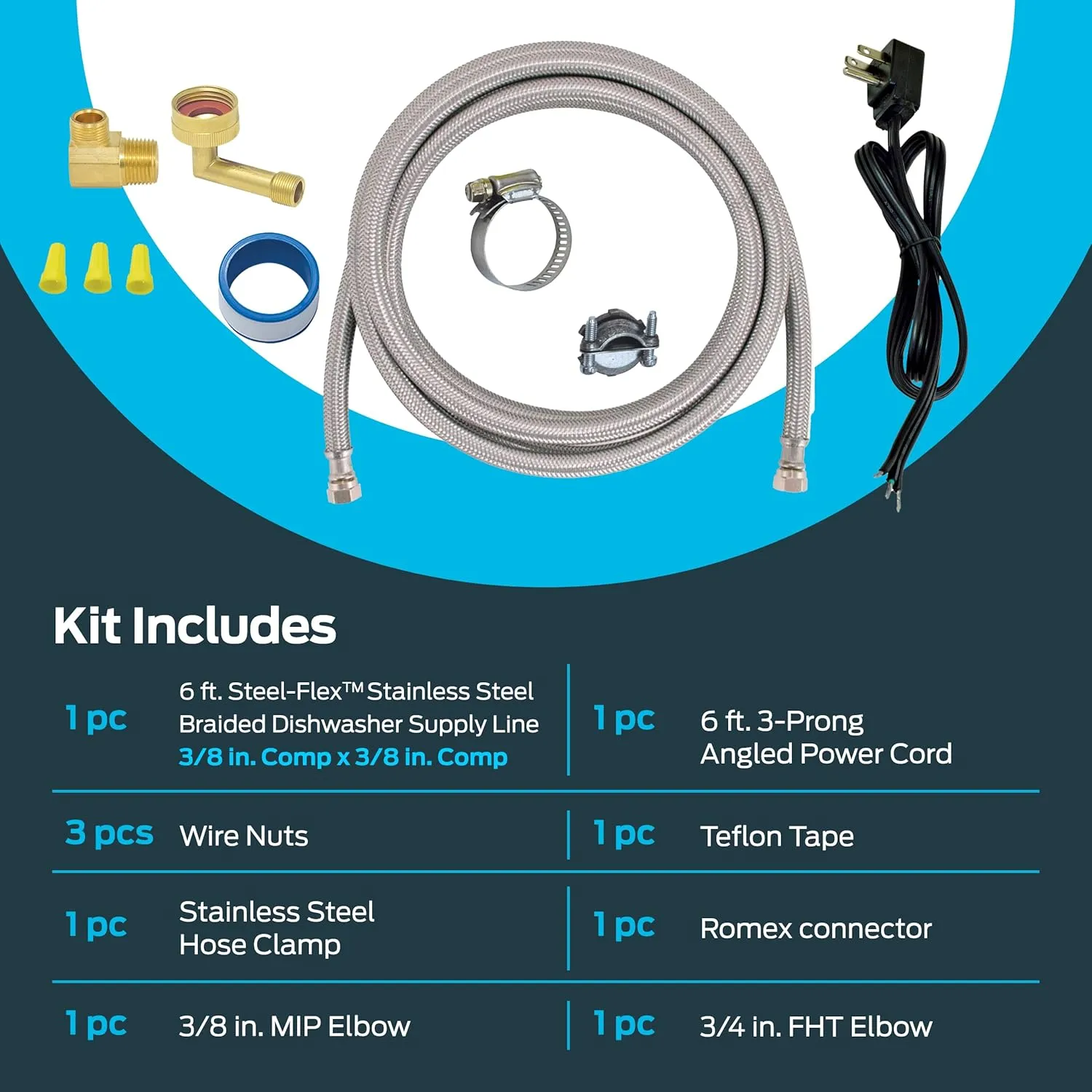 Eastman Dishwasher Installation Kit, 6 Foot Supply Line, 3/8 Inch x 3/8 Inch Compression, 6 Foot 3-Prong Straight Power Cord, Braided Stainless Steel Dishwasher Connectors, 41150