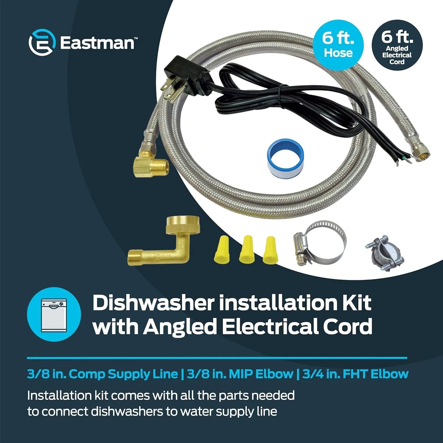 Eastman Dishwasher Installation Kit, 6 Foot Supply Line, 3/8 Inch x 3/8 Inch Compression, 6 Foot 3-Prong Straight Power Cord, Braided Stainless Steel Dishwasher Connectors, 41150