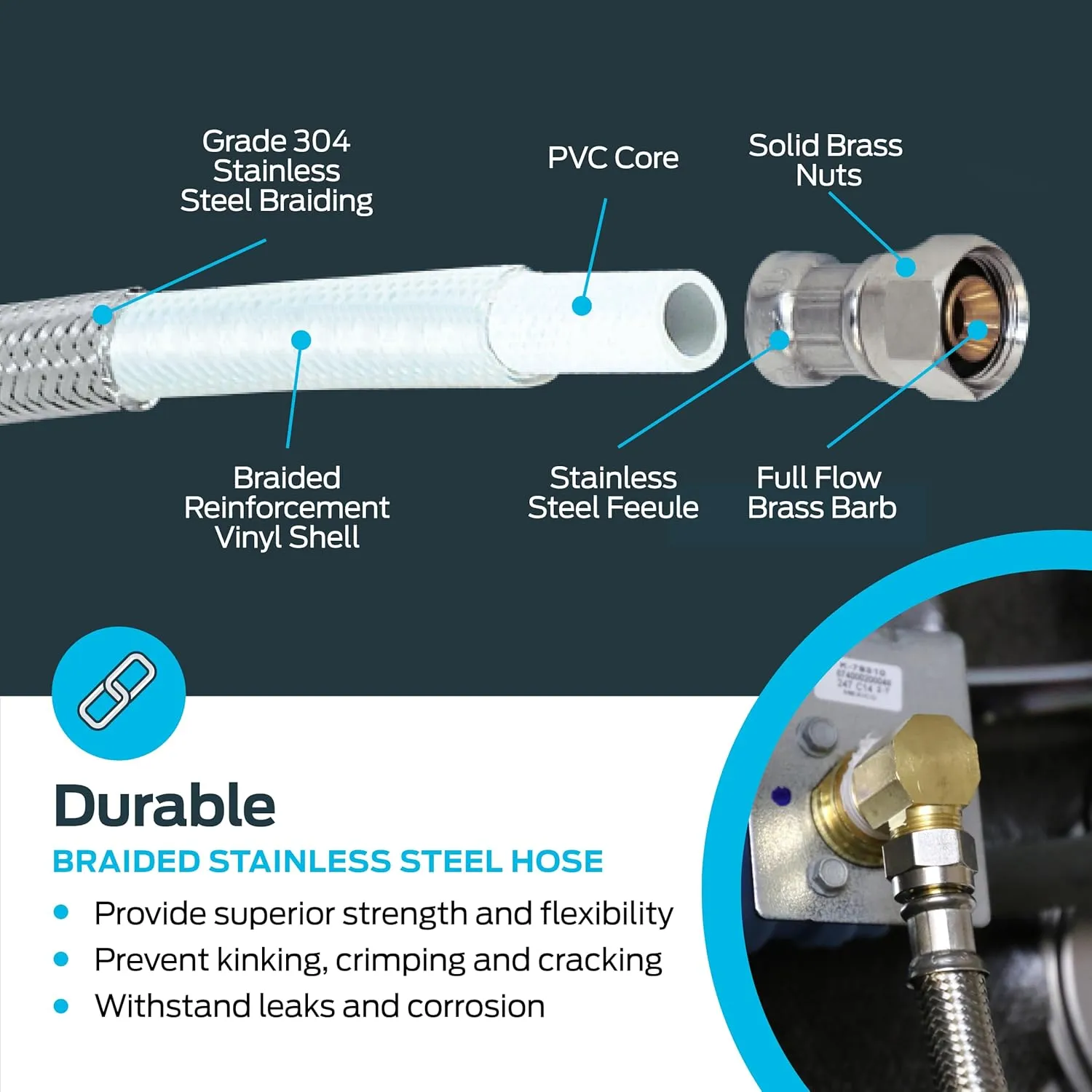 Eastman Dishwasher Installation Kit, 6 Foot Supply Line, 3/8 Inch x 3/8 Inch Compression, 6 Foot 3-Prong Straight Power Cord, Braided Stainless Steel Dishwasher Connectors, 41150