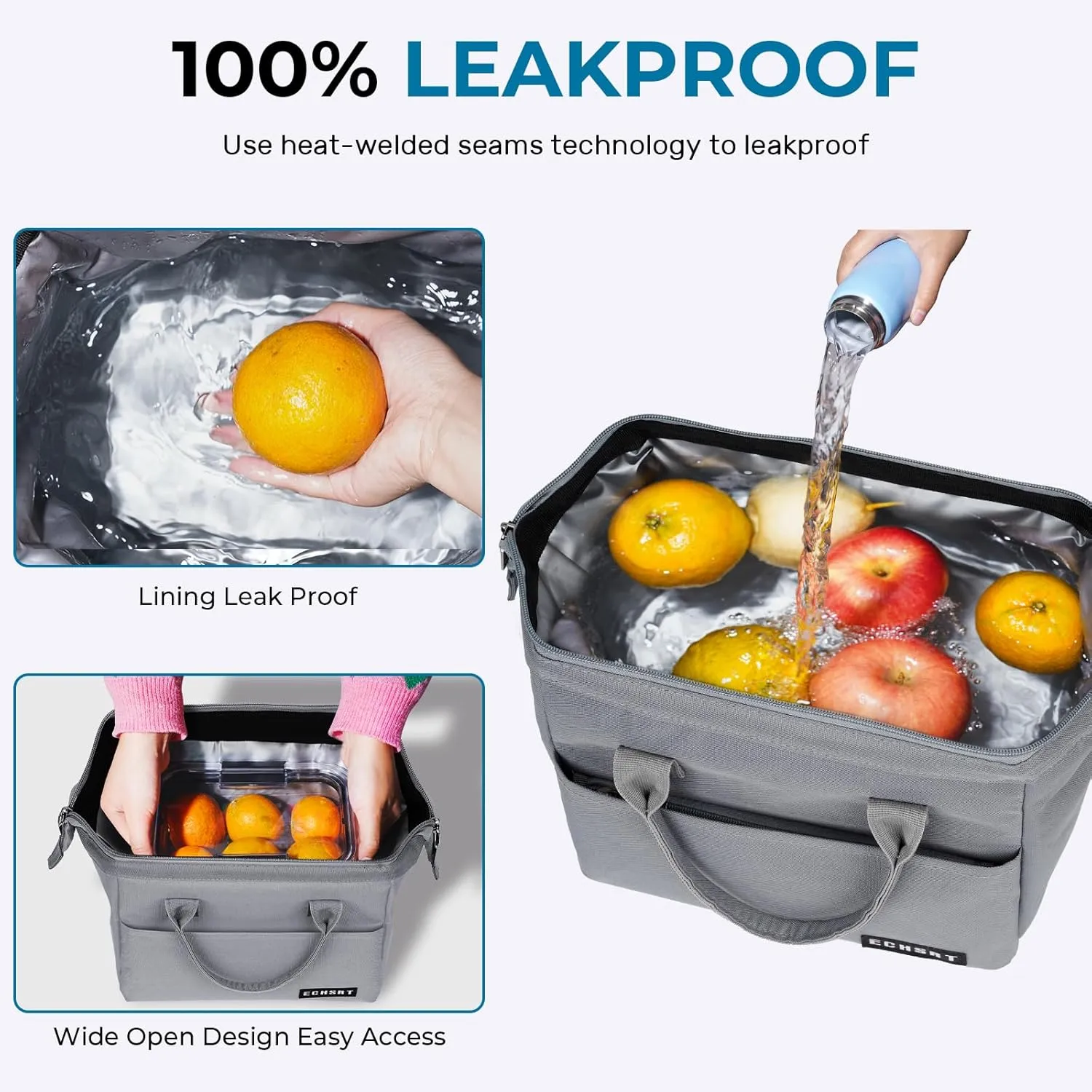 ECHSRT Large Insulated Lunch Bag for Women Men Leakproof Cooler Lunch Tote Bags for Work Travel Adult Thermal Lunchbox for Office -10L Grey