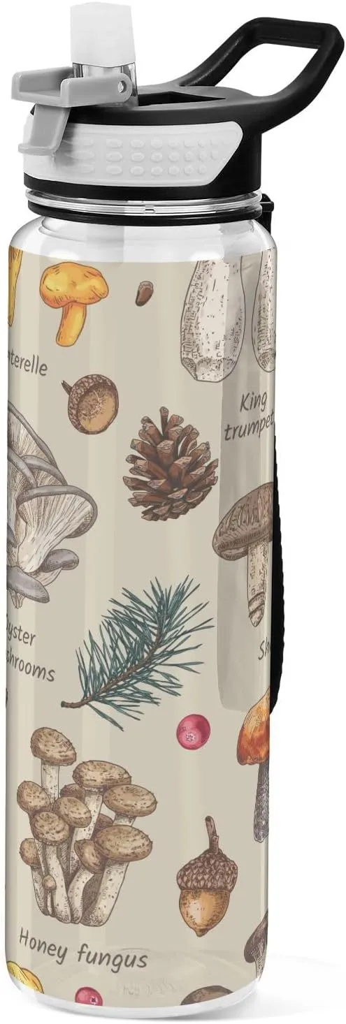 Edible Mushrooms Autumn Sports Water Bottle with Straw Lid Tritan Water Bottle Large 32oz BPA Free Clear Leakproof Drinking Bottle for Kids Boys Girls Women Men Gym School