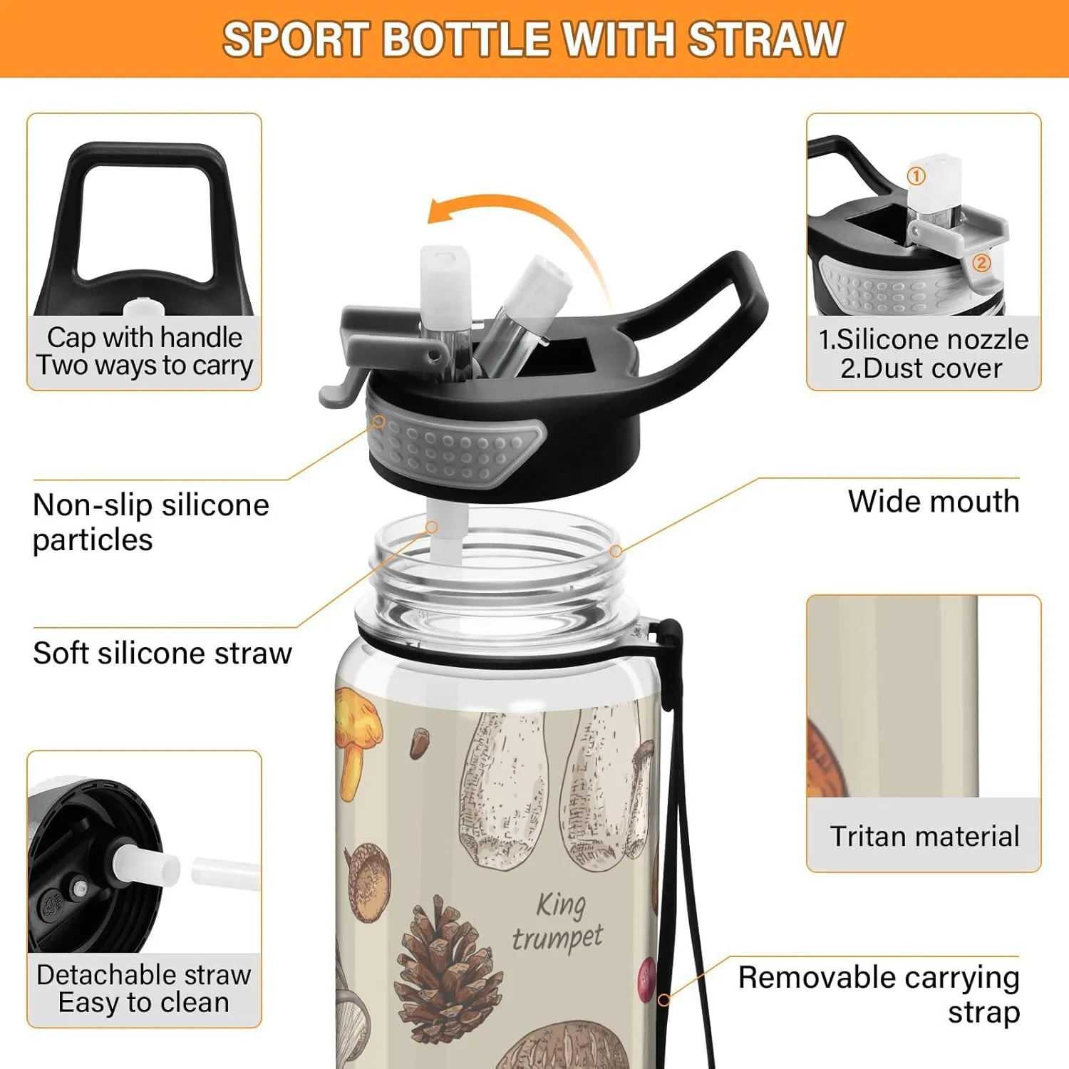 Edible Mushrooms Autumn Sports Water Bottle with Straw Lid Tritan Water Bottle Large 32oz BPA Free Clear Leakproof Drinking Bottle for Kids Boys Girls Women Men Gym School