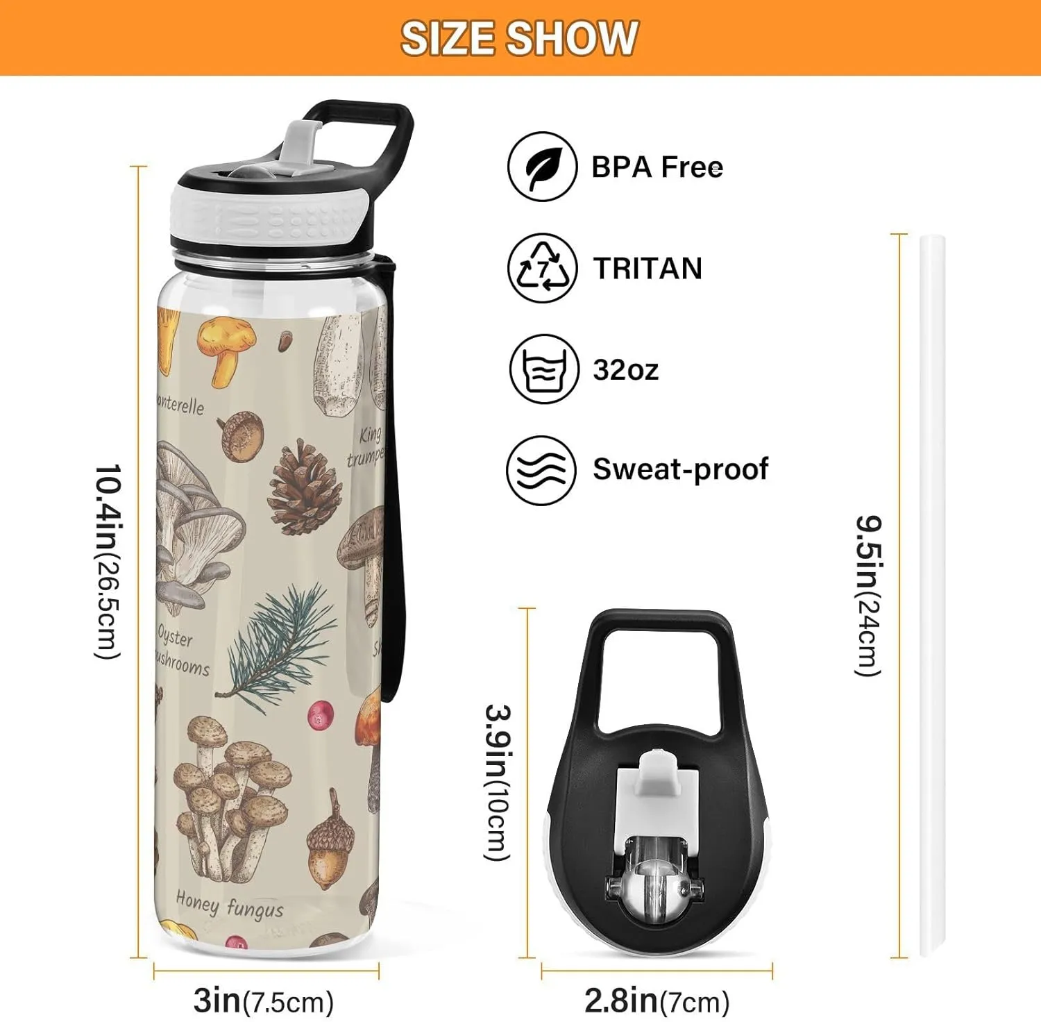 Edible Mushrooms Autumn Sports Water Bottle with Straw Lid Tritan Water Bottle Large 32oz BPA Free Clear Leakproof Drinking Bottle for Kids Boys Girls Women Men Gym School