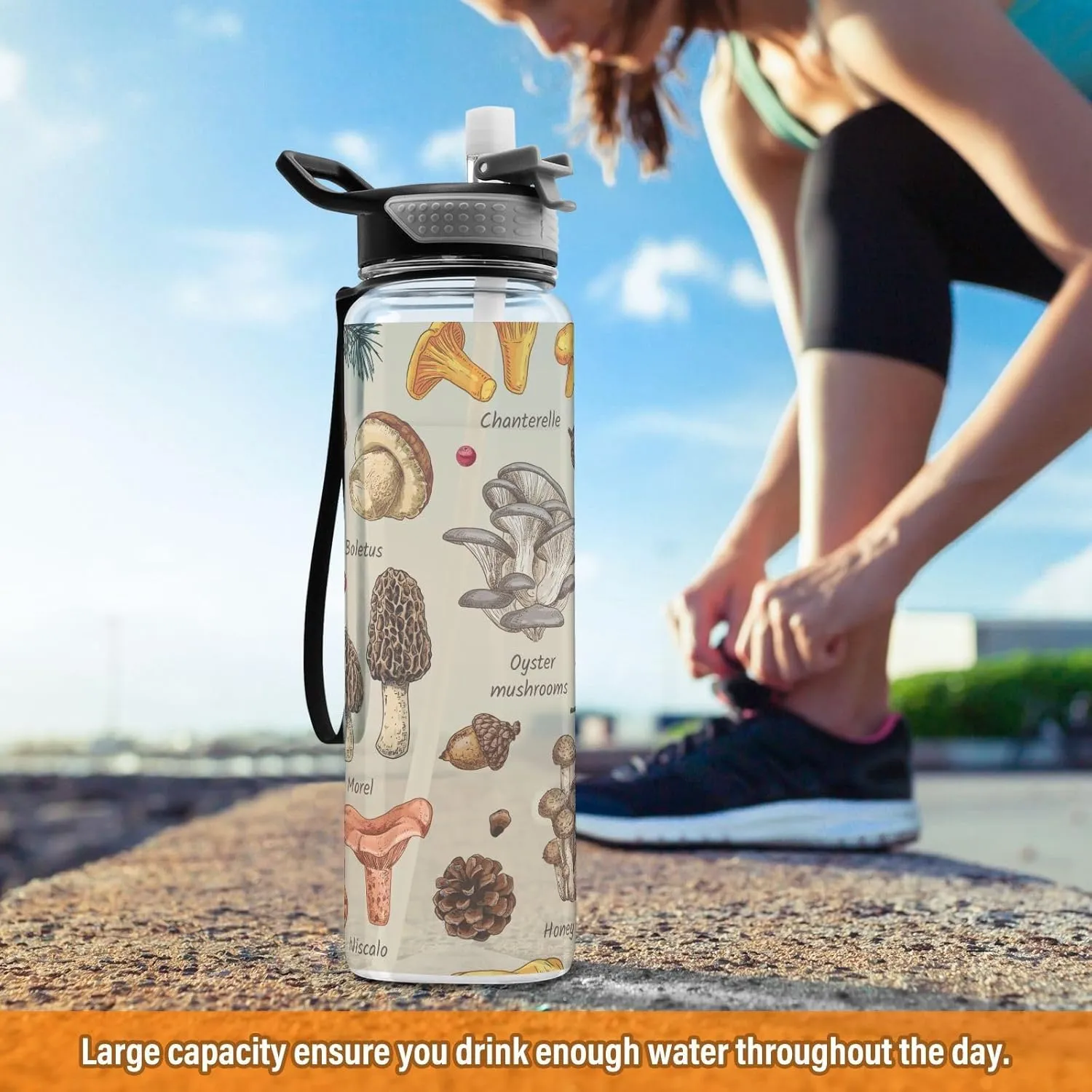 Edible Mushrooms Autumn Sports Water Bottle with Straw Lid Tritan Water Bottle Large 32oz BPA Free Clear Leakproof Drinking Bottle for Kids Boys Girls Women Men Gym School