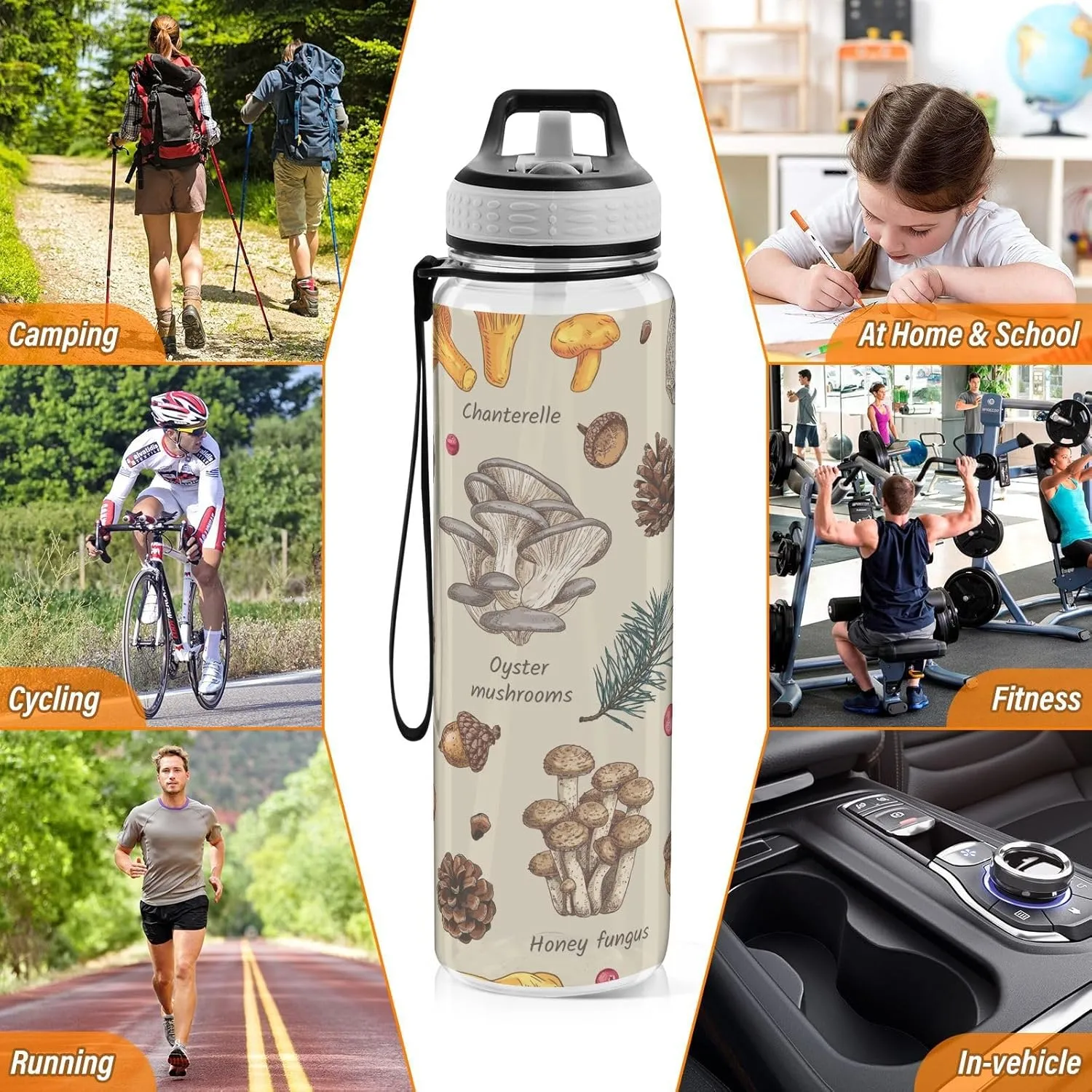 Edible Mushrooms Autumn Sports Water Bottle with Straw Lid Tritan Water Bottle Large 32oz BPA Free Clear Leakproof Drinking Bottle for Kids Boys Girls Women Men Gym School