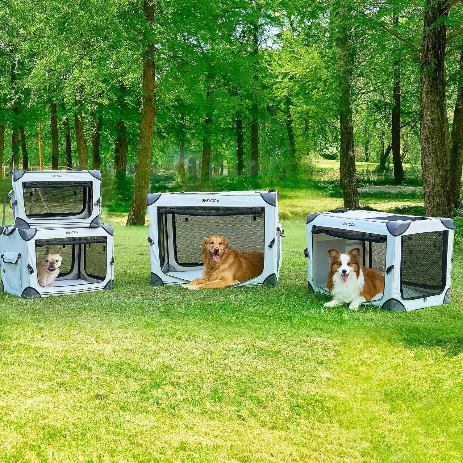 EHEYCIGA Collapsible Dog Crate 42 Inches, Portable Travel Crate for Extra Large Dogs, Soft Foldable Pet Kennel with 4-Door Mesh Windows Indoor & Outdoor, Grey