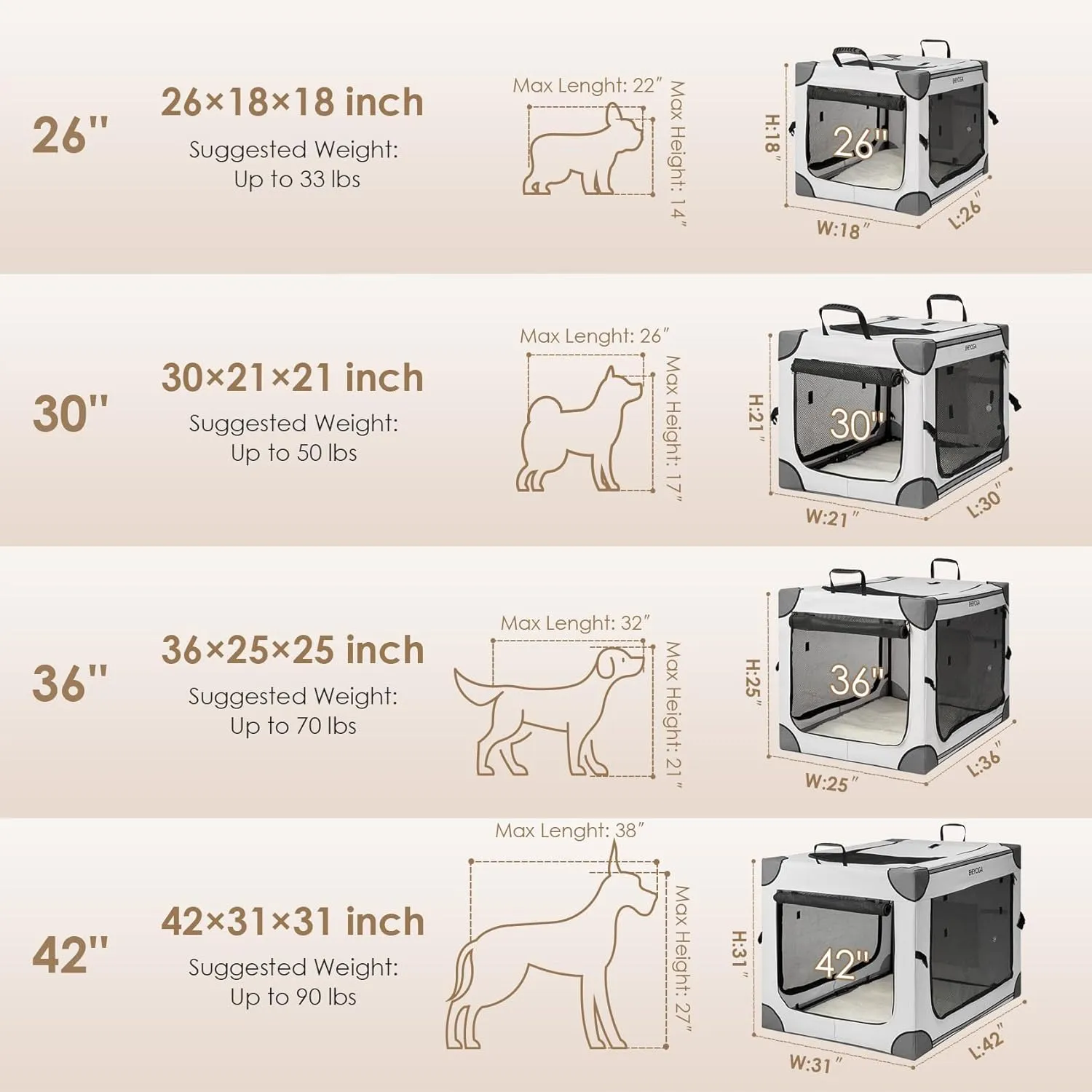 EHEYCIGA Collapsible Dog Crate 42 Inches, Portable Travel Crate for Extra Large Dogs, Soft Foldable Pet Kennel with 4-Door Mesh Windows Indoor & Outdoor, Grey