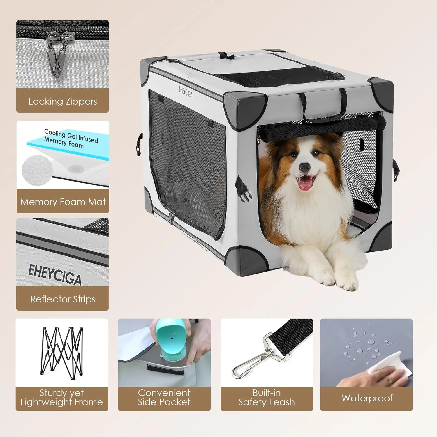 EHEYCIGA Collapsible Dog Crate 42 Inches, Portable Travel Crate for Extra Large Dogs, Soft Foldable Pet Kennel with 4-Door Mesh Windows Indoor & Outdoor, Grey