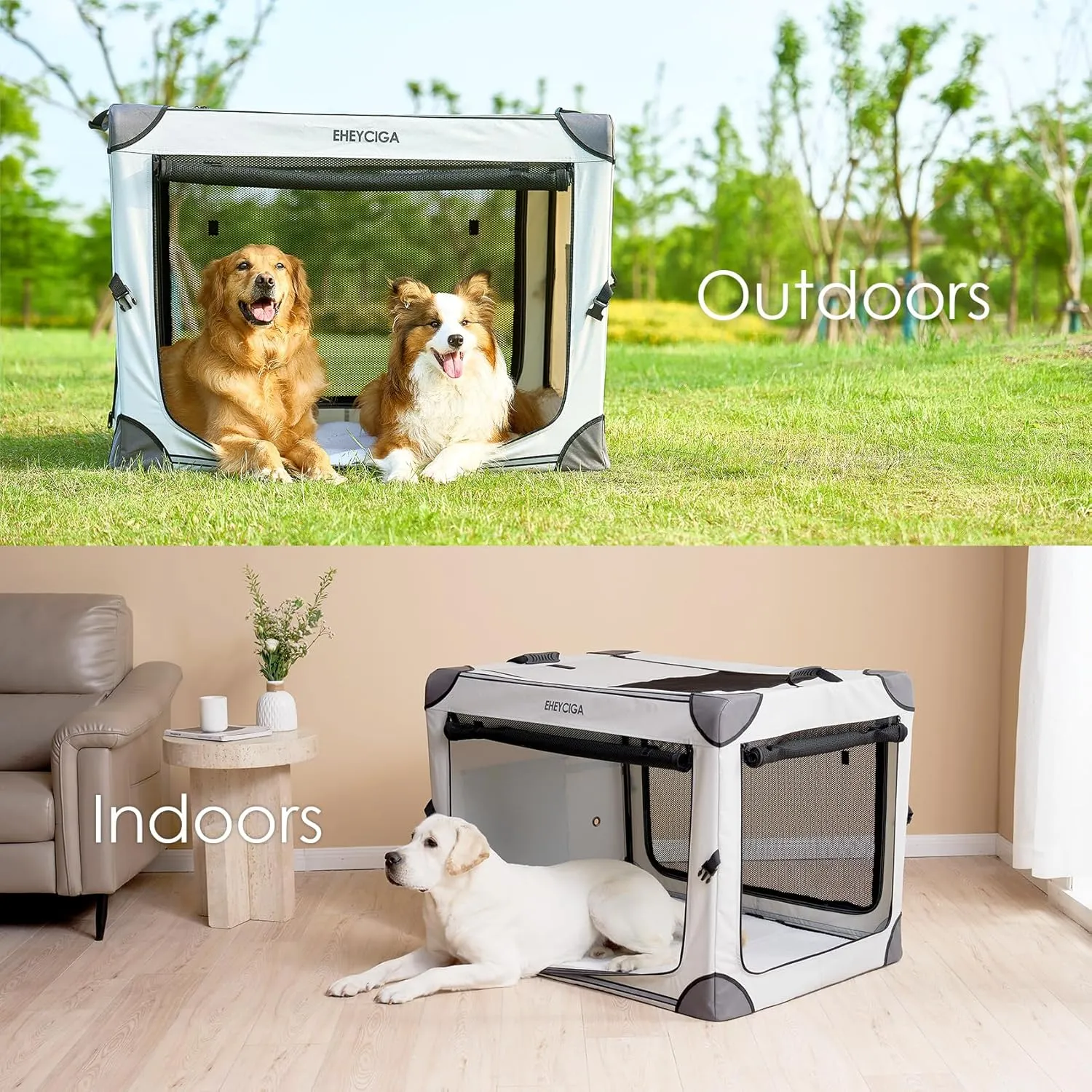 EHEYCIGA Collapsible Dog Crate 42 Inches, Portable Travel Crate for Extra Large Dogs, Soft Foldable Pet Kennel with 4-Door Mesh Windows Indoor & Outdoor, Grey