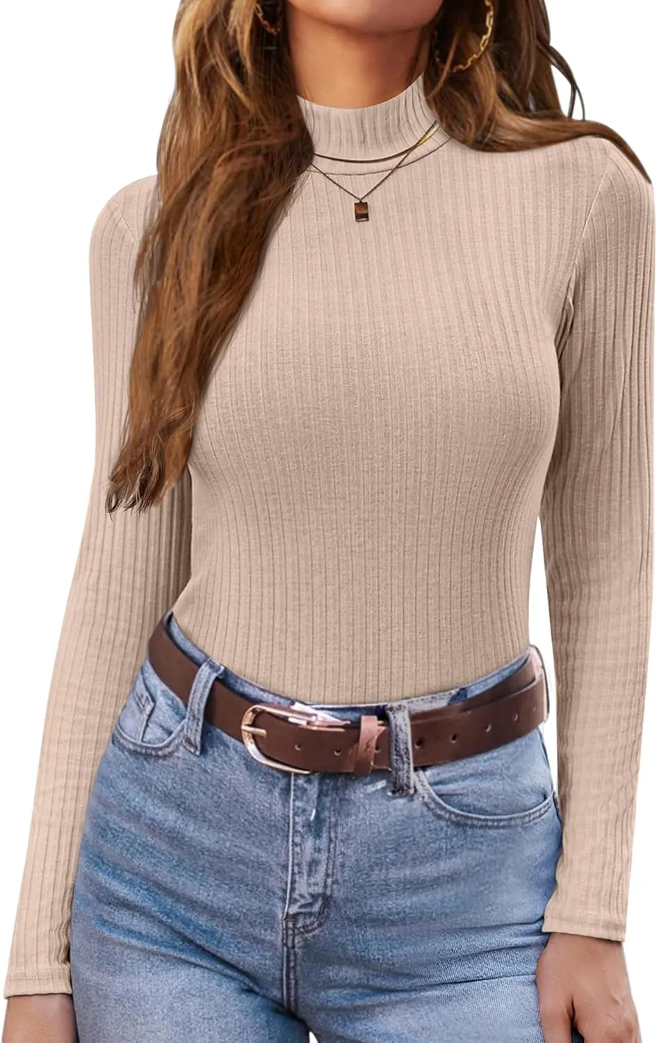 Ekouaer Women's Mock Turtleneck Long Sleeve Shirts Ribbed Knit Lightweight Pullover Sweater Stretch Fitted Thermal Top