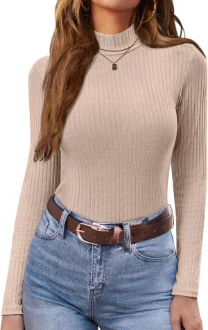 Ekouaer Women's Mock Turtleneck Long Sleeve Shirts Ribbed Knit Lightweight Pullover Sweater Stretch Fitted Thermal Top