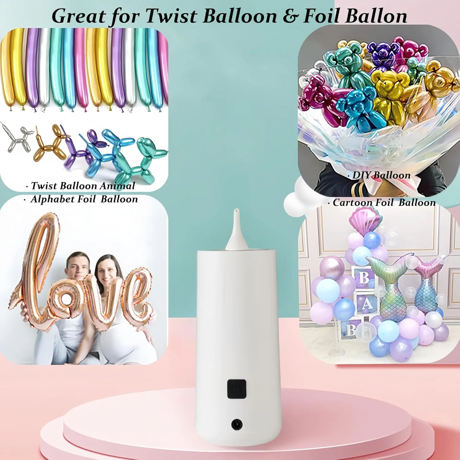Electric Magic Balloon Pump, Electric Air Inflator Party Air Blower Pump with 1 Nozzle 1 Balloon Cutter and 10 Pcs Long Balloons,Great for Twisty Curly Balloon, Foil Balloons