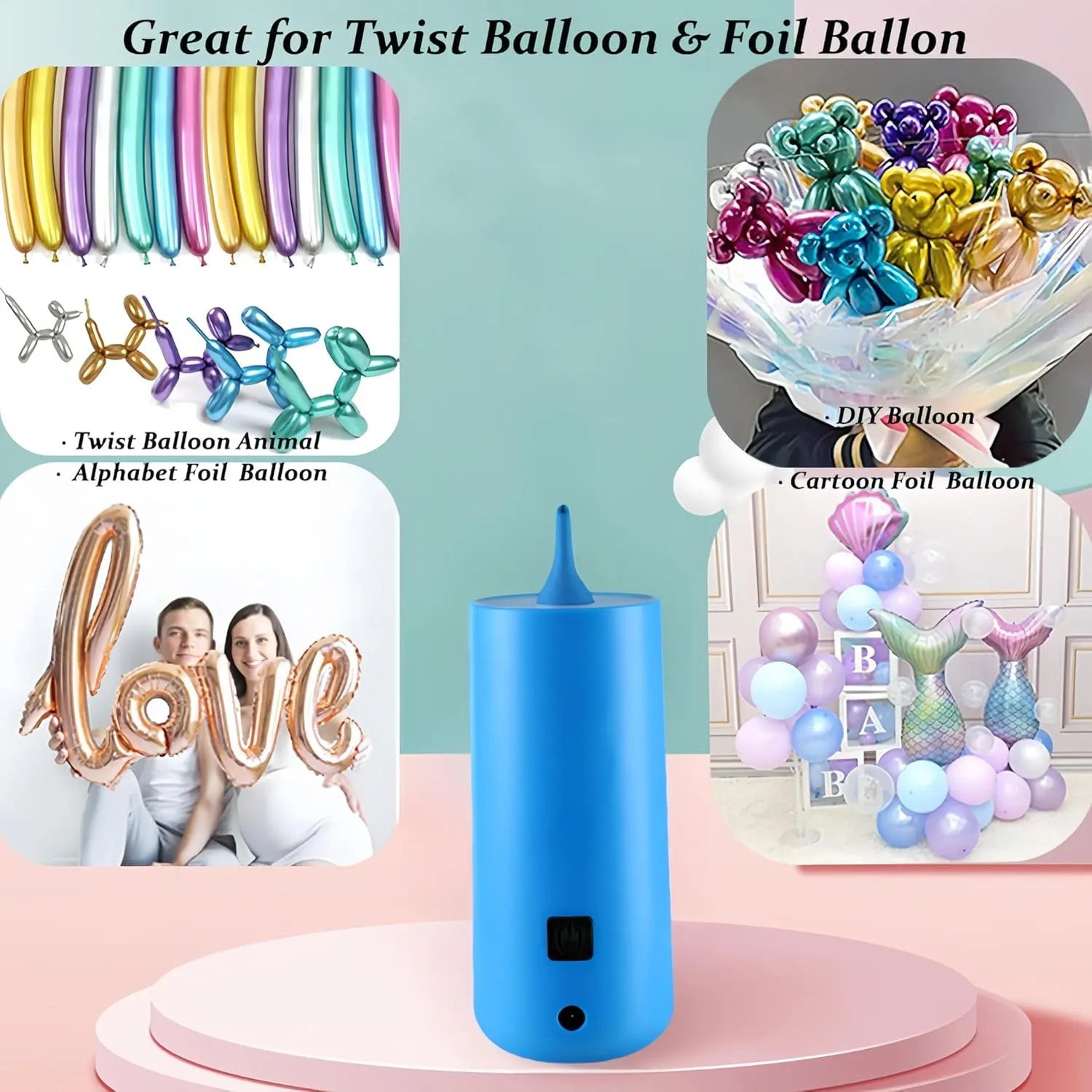 Electric Magic Balloon Pump, Electric Air Inflator Party Air Blower Pump with 1 Nozzle 1 Balloon Cutter and 10 Pcs Long Balloons,Great for Twisty Curly Balloon, Foil Balloons