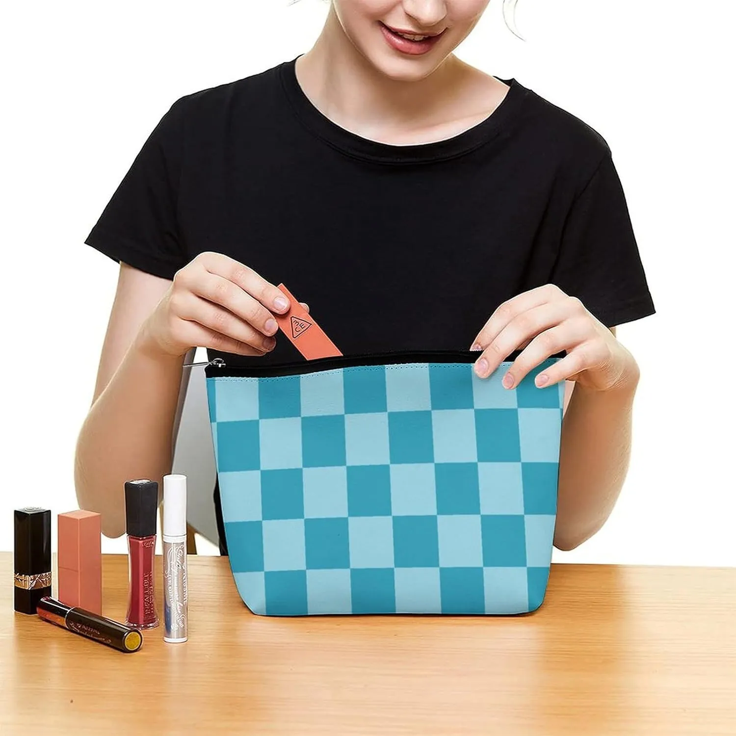 Elegant Makeup Bag, Aqua Checker Cosmetic Bag Large Capacity Pouch Portable Organizer for Men & Women