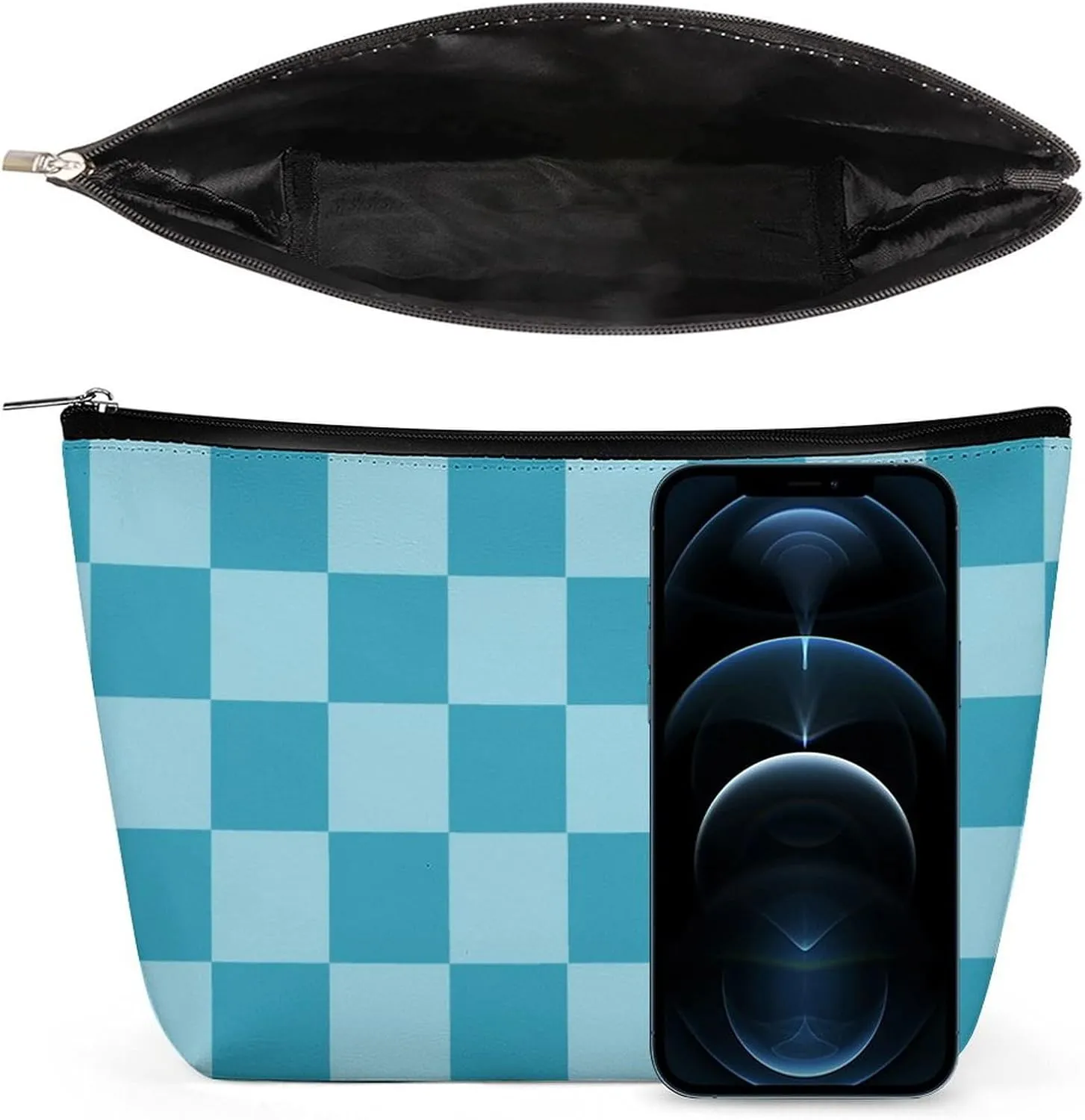 Elegant Makeup Bag, Aqua Checker Cosmetic Bag Large Capacity Pouch Portable Organizer for Men & Women