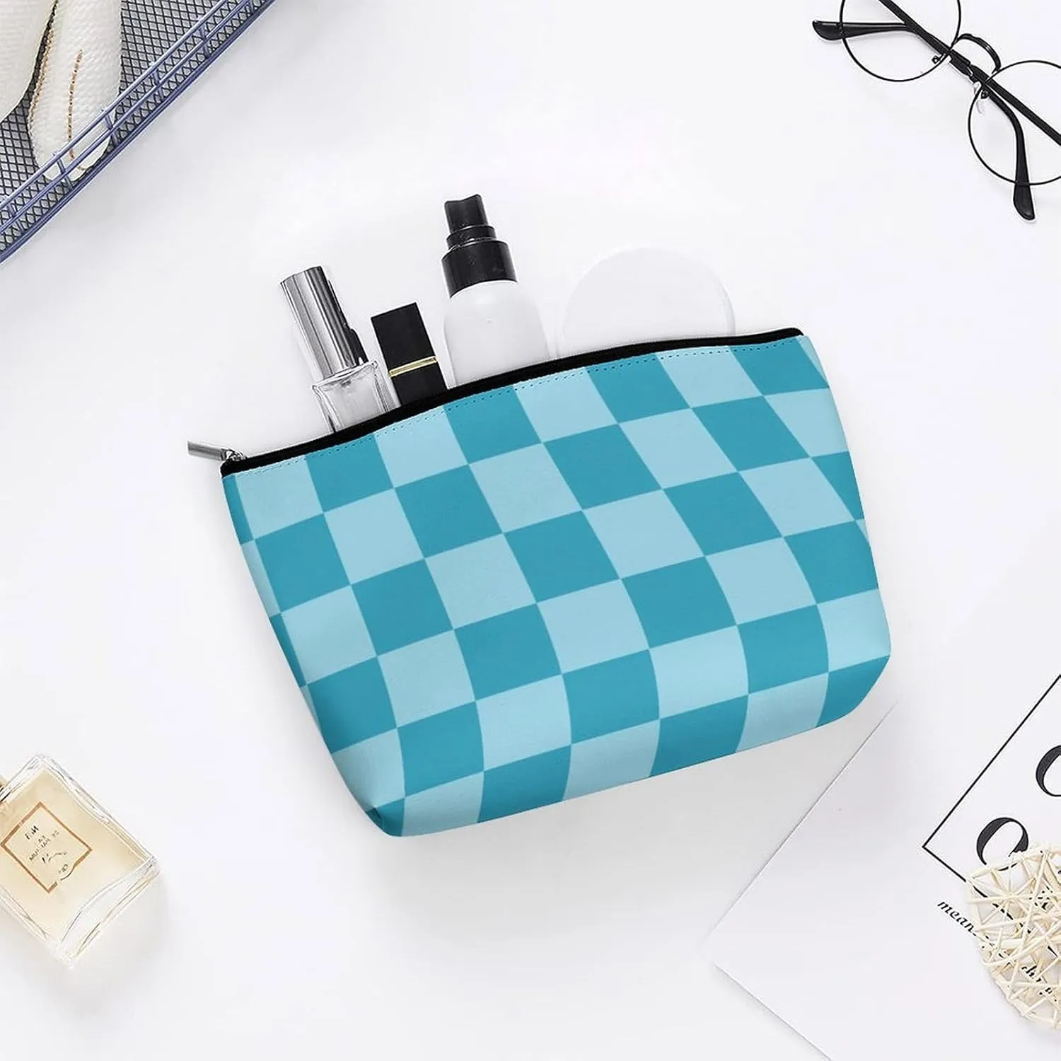 Elegant Makeup Bag, Aqua Checker Cosmetic Bag Large Capacity Pouch Portable Organizer for Men & Women
