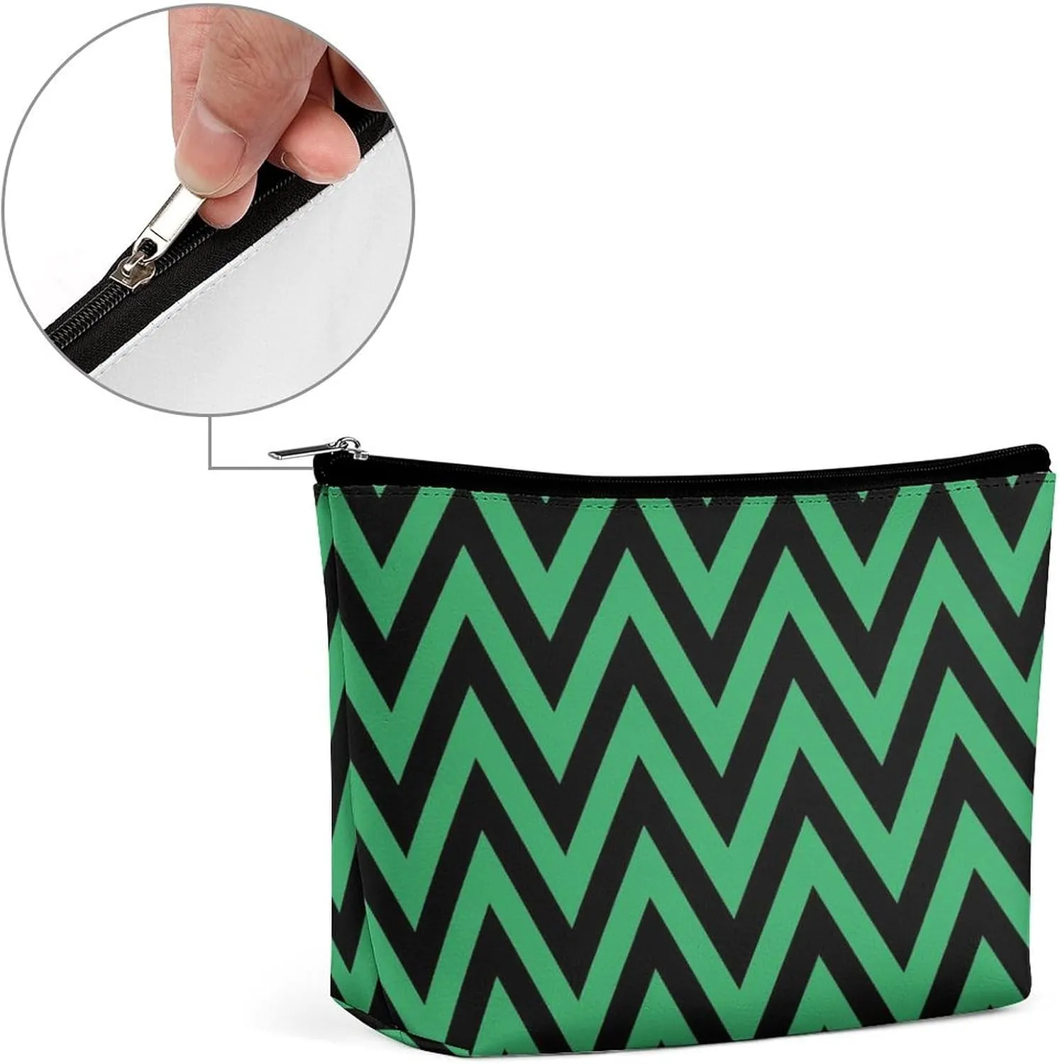 Elegant Makeup Bag, Black and Green Chevron, Zig Zag Pattern Cosmetic Bag Large Capacity Pouch Portable Organizer for Men & Women