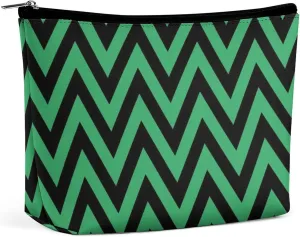 Elegant Makeup Bag, Black and Green Chevron, Zig Zag Pattern Cosmetic Bag Large Capacity Pouch Portable Organizer for Men & Women