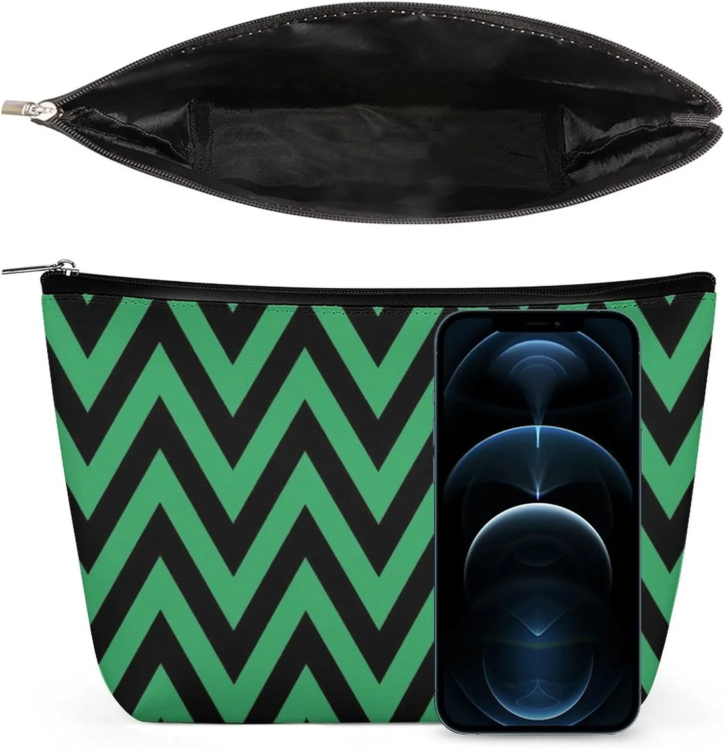 Elegant Makeup Bag, Black and Green Chevron, Zig Zag Pattern Cosmetic Bag Large Capacity Pouch Portable Organizer for Men & Women