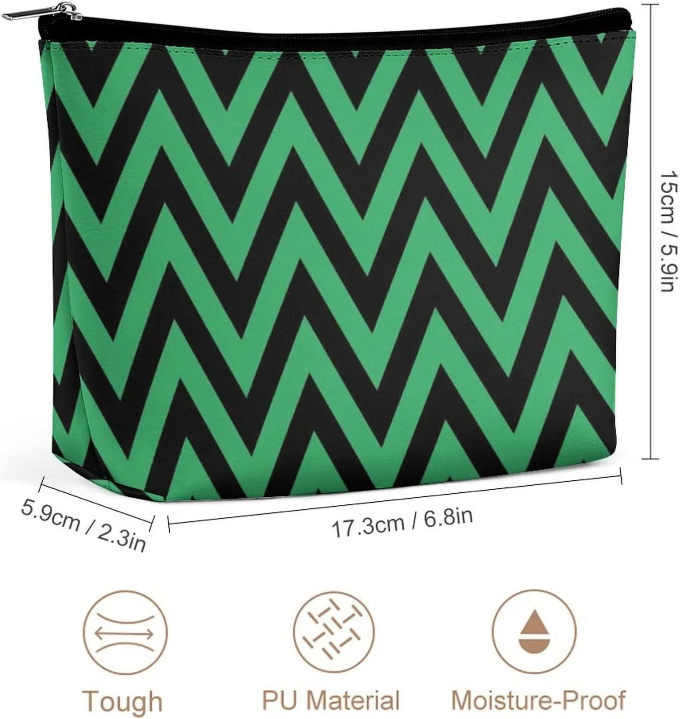 Elegant Makeup Bag, Black and Green Chevron, Zig Zag Pattern Cosmetic Bag Large Capacity Pouch Portable Organizer for Men & Women