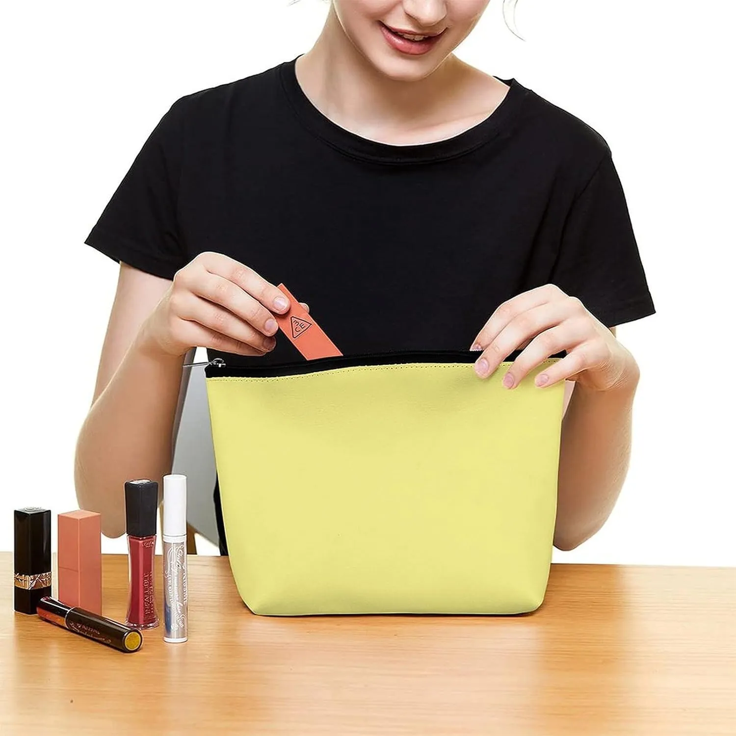 Elegant Makeup Bag, Modern Bright Yellow Solid Color Cosmetic Bag Large Capacity Pouch Portable Organizer for Men & Women