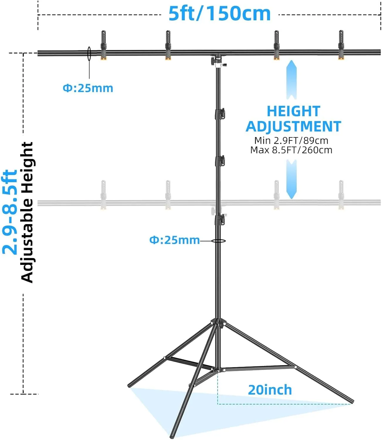 EMART 8.5 x 5ft Portable T-Shape Backdrop Stand Kit with Adjustable Frame, 4 Spring Clamps & Carry Bag for Parties, Photography, Video, and Studio Background Support