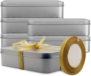 Empty Metal Tins Box with Lid,6 Pack Stainless steel Tins Cans Storage Container for Treats, Gifts, Candle, Favors and Crafts, Silver (6.3 x 4.3 x 1.4 Inches)