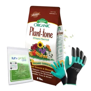 Espoma PT8 Organic Plant-Tone 5-3-3; 8 lb. Bag All Purpose Plant Food; with My Garden Pool PH Soil Test Strips 20 ct, and Gardening Claw Gloves and Garden-IQ, Smart Gardening AI Assistant!