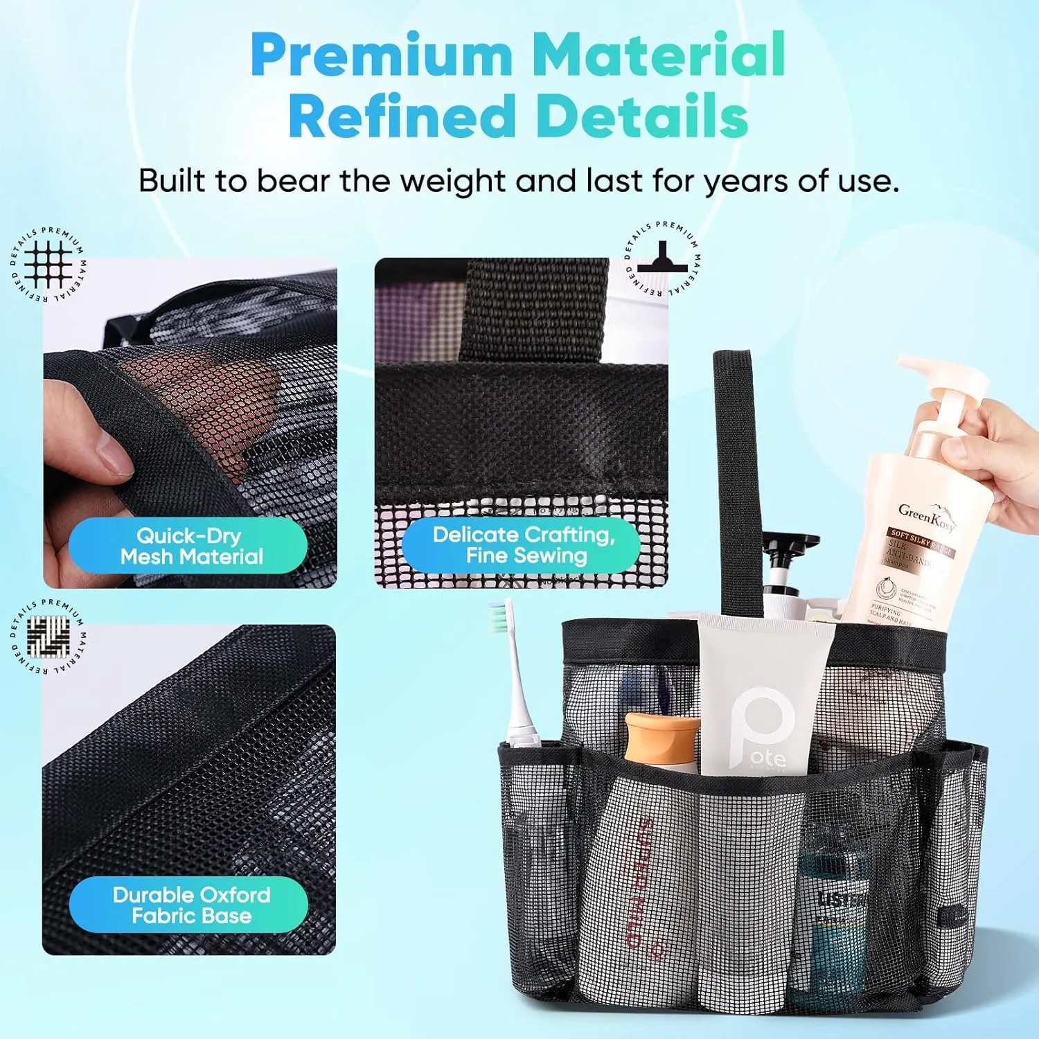 EUDELE Mesh Shower Caddy Portable for College Dorm Room Essentials,Portable Shower Caddy Dorm with 8-Pocket Large Capacity,Shower Bag for Beach,Swimming,Gym