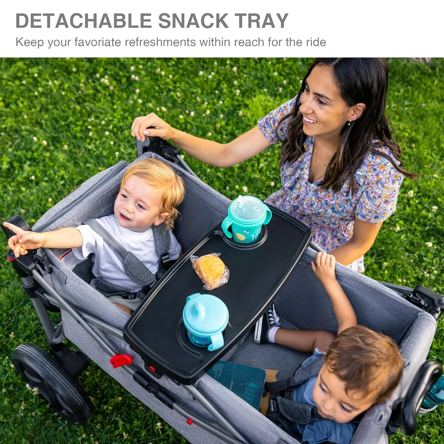 EVER ADVANCED Foldable Wagons for Two Kids & Cargo, Collapsible Folding Stroller with Adjustable Handle Bar,Removable Canopy with 5-Point Harness Gray