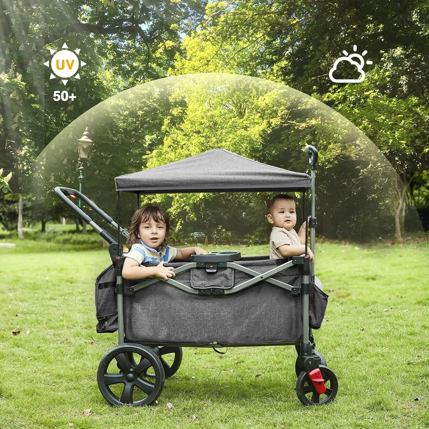 EVER ADVANCED Foldable Wagons for Two Kids & Cargo, Collapsible Folding Wagon Stroller with Adjustable Handle Bar,Removable Canopy with 5-Point Harness,Black