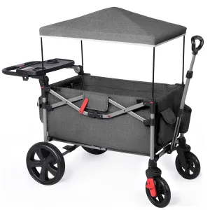 EVER ADVANCED Foldable Wagons for Two Kids & Cargo, Collapsible Folding Wagon Stroller with Adjustable Handle Bar,Removable Canopy with 5-Point Harness,Black