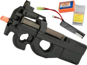 Evike Airsoft - FN Herstal Licensed P90 Full Size Metal Gearbox AEG Airsoft (Color: Black/Add 7.4v LiPo Battery   BMS Charger   LiPo Safe)