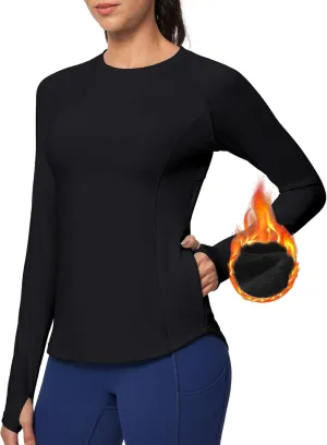 Ewedoos Thermal Shirts for Women Zipper Pocket Fleece Lined Long Sleeve Workout Tops Compression Running Hiking Ski Gear