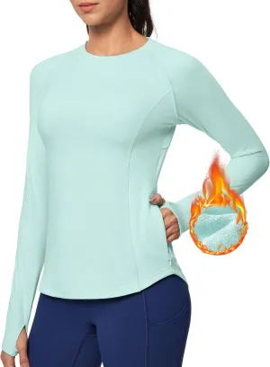 Ewedoos Thermal Shirts for Women Zipper Pocket Fleece Lined Long Sleeve Workout Tops Compression Running Hiking Ski Gear