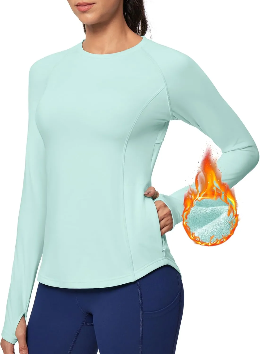 Ewedoos Thermal Shirts for Women Zipper Pocket Fleece Lined Long Sleeve Workout Tops Compression Running Hiking Ski Gear