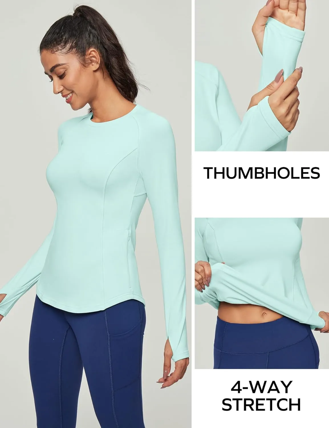 Ewedoos Thermal Shirts for Women Zipper Pocket Fleece Lined Long Sleeve Workout Tops Compression Running Hiking Ski Gear