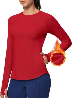 Ewedoos Thermal Shirts for Women Zipper Pocket Fleece Lined Long Sleeve Workout Tops Compression Running Hiking Ski Gear