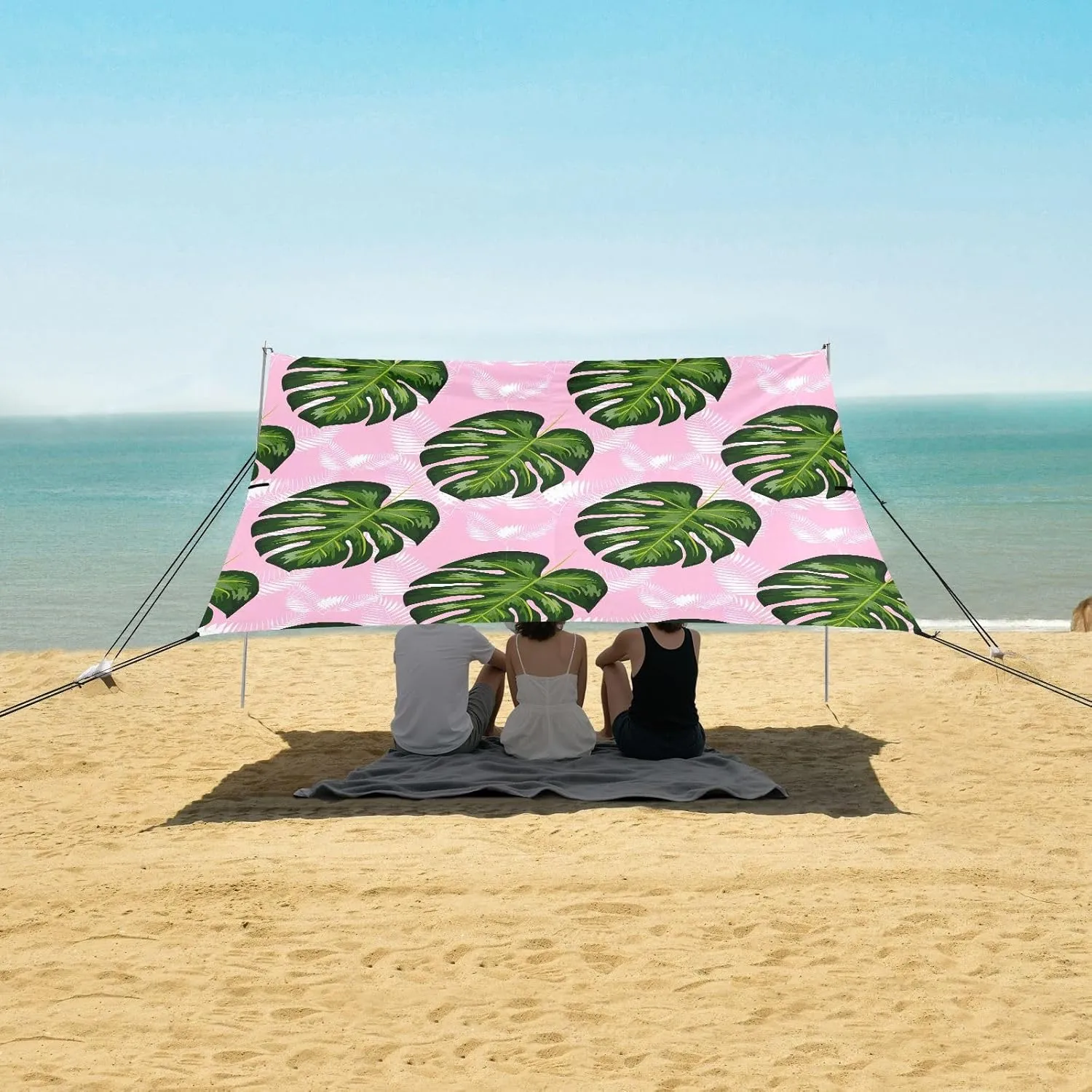Exotic Floral Beach Canopy Tent Anti-UV & Wind Resistant, Tropical Green Camping Sun Shelter Easy Setup Portable,Outdoor Shade Tents with Sandbags,Sand Shovels,Ground Pegs & Stability Poles