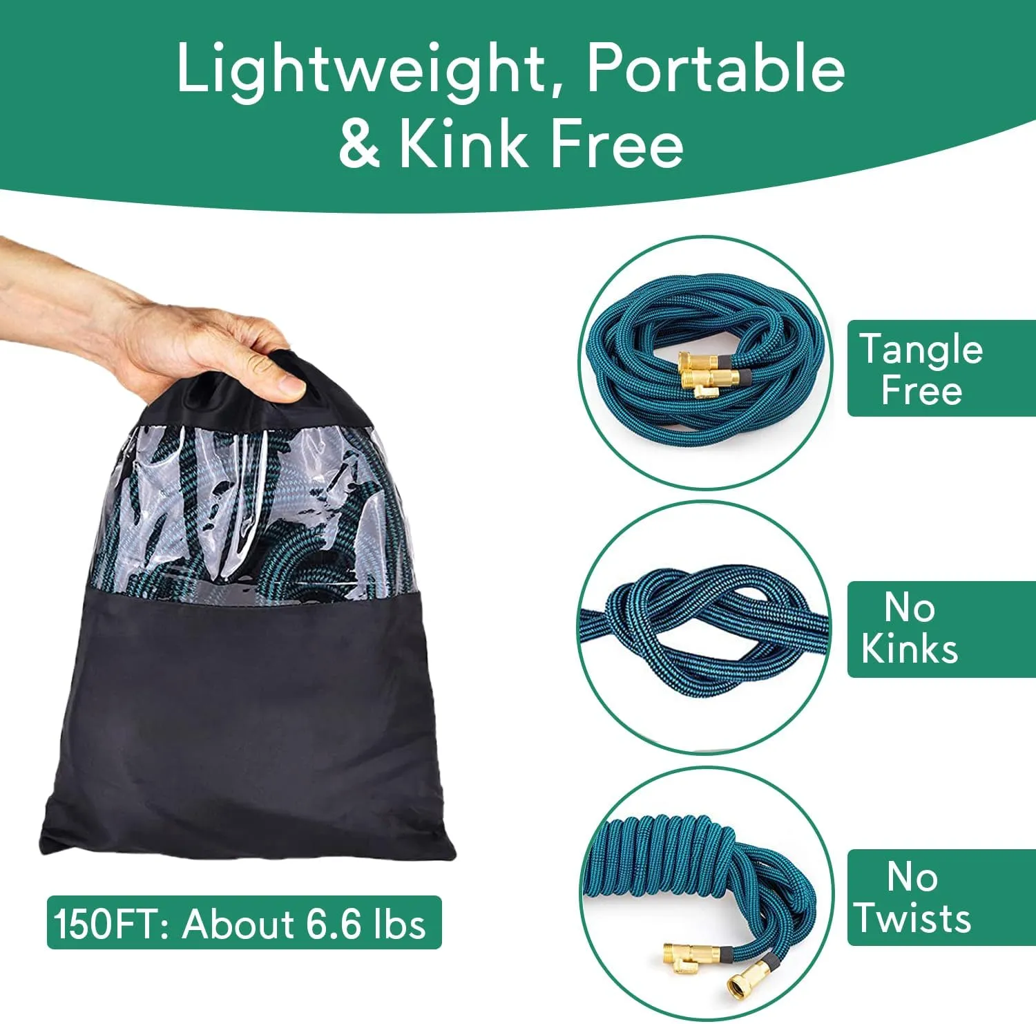 Expandable Garden Hose 150 ft, 2025 New No Kink Retractable Water Hose 150ft with 10 Pattern Spray Nozzle, Extra Strong Brass Connectors, Reinforced Expanding Latex Core, Ultra Lightweight & Flexible