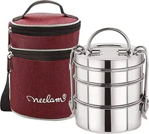 Expresso Stainless Steel Dura Hot 3 Tier 7 Inch Lunch Box with Insulated Carry Bag, Silver-1100 ml