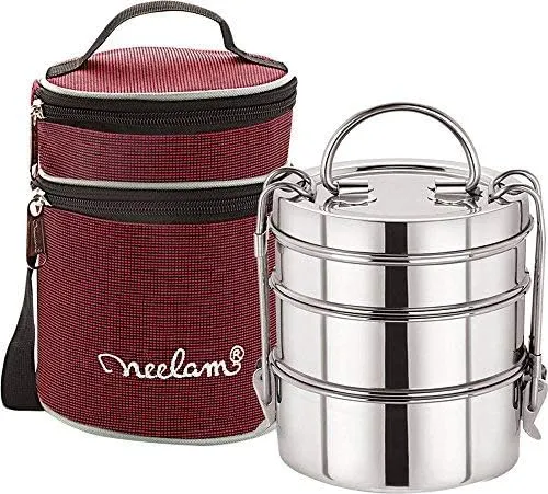 Expresso Stainless Steel Dura Hot 3 Tier 7 Inch Lunch Box with Insulated Carry Bag, Silver-1100 ml