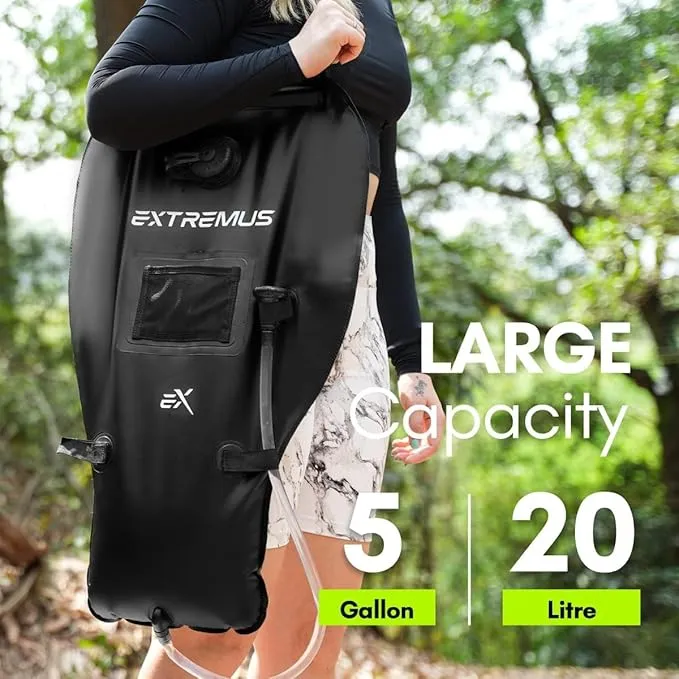 Extremus Camping Shower Bag, Camp Shower Bag, Durable, Leak-Proof Design with Thermometer, Removable Hose, and On-Off Switchable Shower Head, Portable Solar Shower for Camping