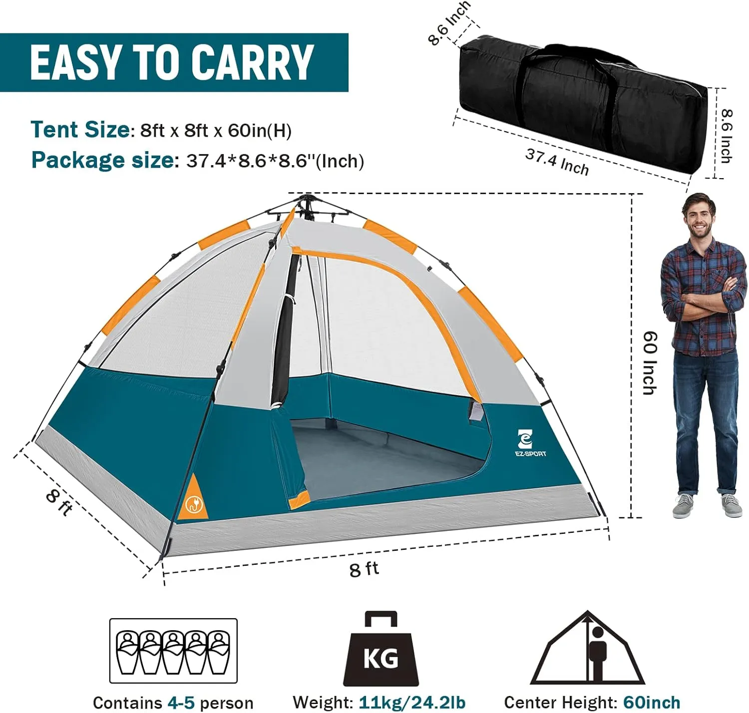 EZ-Sport Pop Up Camping Tent - 4 Person Instant Easy Set Up Family Tent with Removable Rain Fly, Waterproof Windproof Automatic Tent for Outdoor Camping Hiking Backpacking Traveling