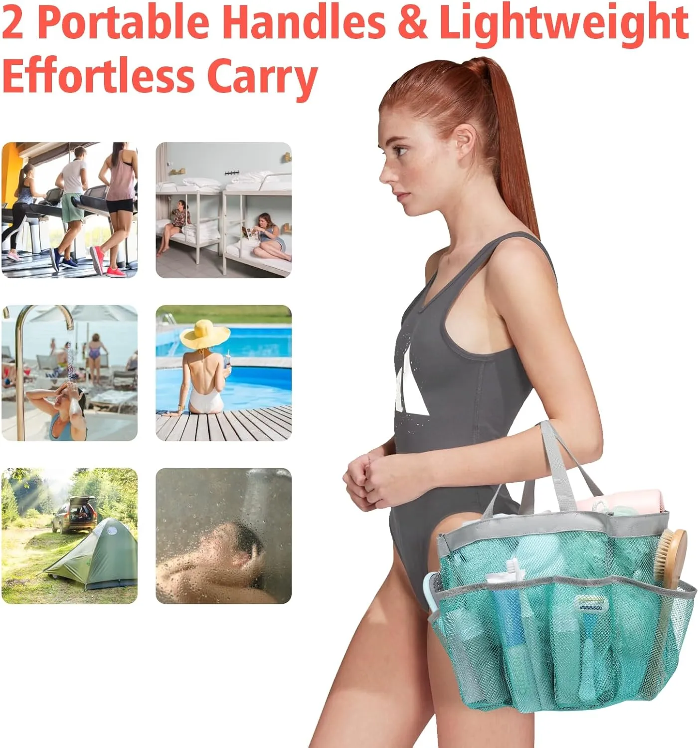 F-color Mesh Shower Caddy Portable, Upgrade Deeper 7 Pockets Shower Bag Basket Bag for College Dorm Room Toiletry Bathroom Essentials Gym Camp Quick Dry 2 handles with S Hook, Mint Green