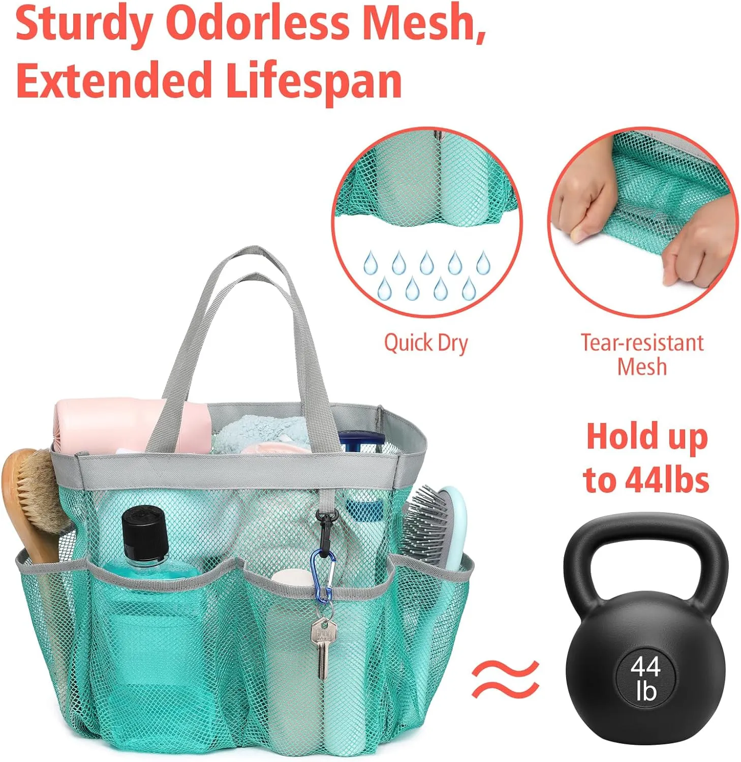 F-color Mesh Shower Caddy Portable, Upgrade Deeper 7 Pockets Shower Bag Basket Bag for College Dorm Room Toiletry Bathroom Essentials Gym Camp Quick Dry 2 handles with S Hook, Mint Green