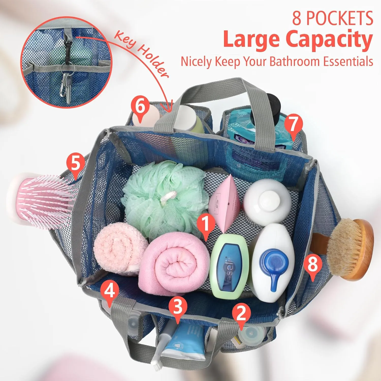 F-color Mesh Shower Caddy Portable, Upgrade Deeper 7 Pockets Shower Bag Basket Tote for College Dorm Room Toiletry Bathroom Essentials Gym Camp Quick Dry 2 handles with S Hook, Navy Blue