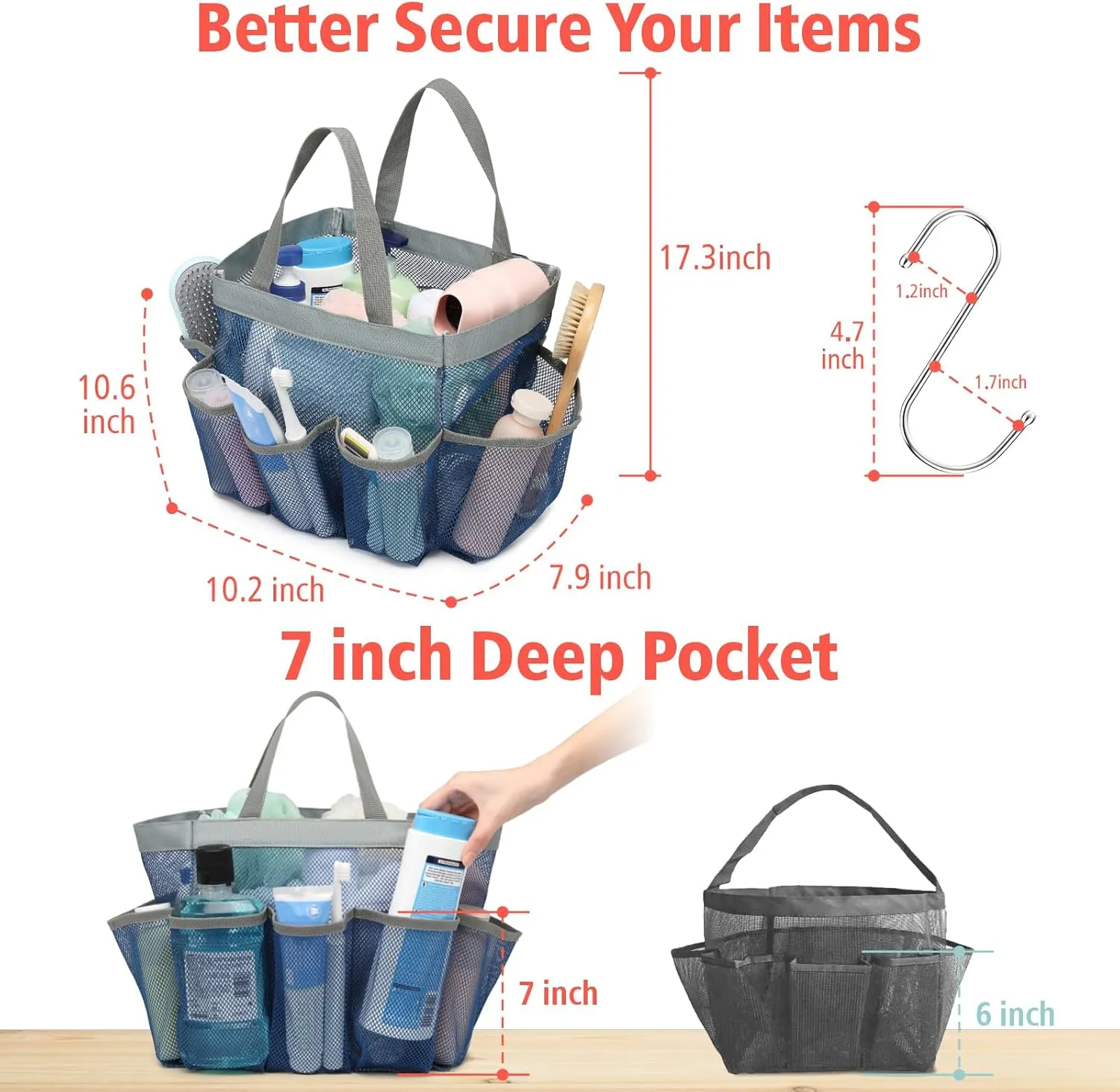 F-color Mesh Shower Caddy Portable, Upgrade Deeper 7 Pockets Shower Bag Basket Tote for College Dorm Room Toiletry Bathroom Essentials Gym Camp Quick Dry 2 handles with S Hook, Navy Blue