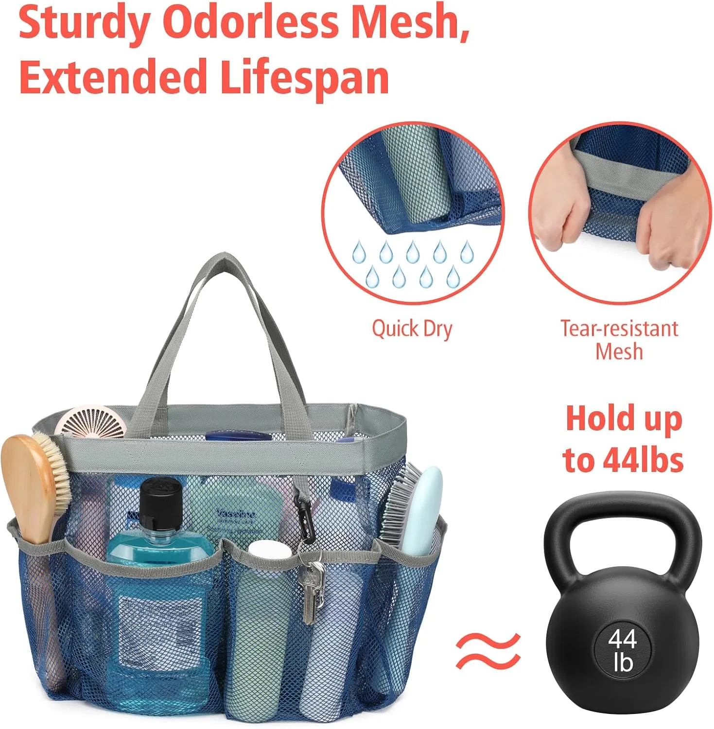 F-color Mesh Shower Caddy Portable, Upgrade Deeper 7 Pockets Shower Bag Basket Tote for College Dorm Room Toiletry Bathroom Essentials Gym Camp Quick Dry 2 handles with S Hook, Navy Blue